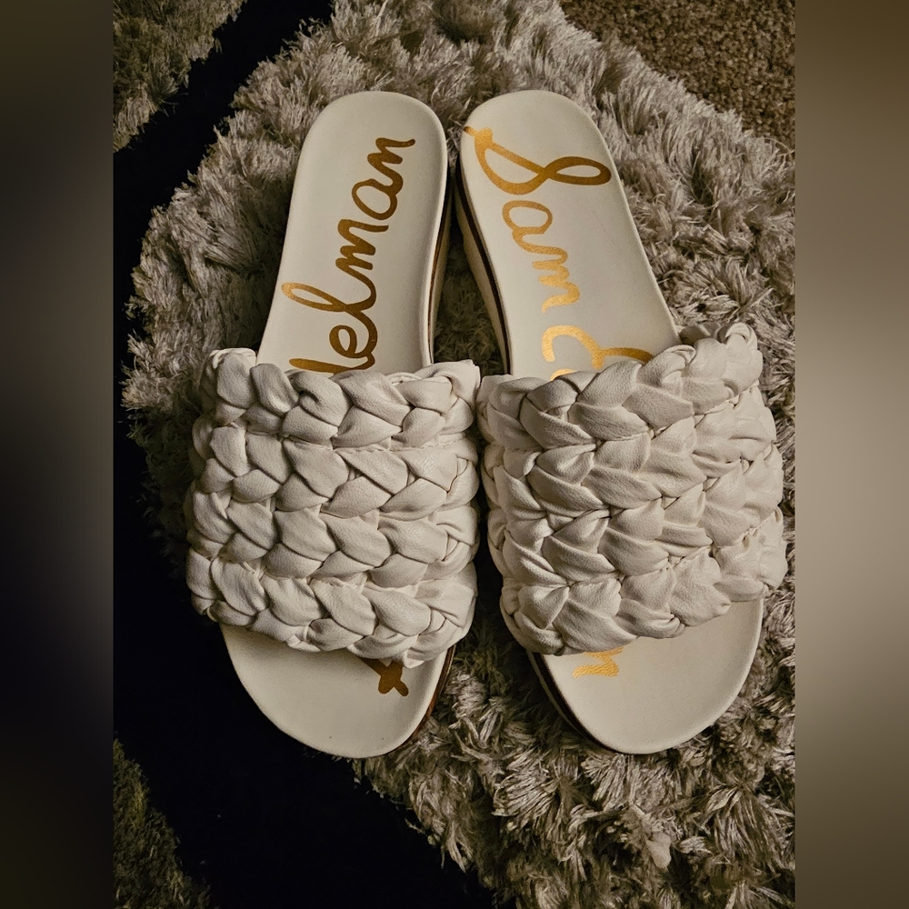 Sam Edelman Ainslie White Open Round Toe BraidedStraps Flat Slide Sandals (White